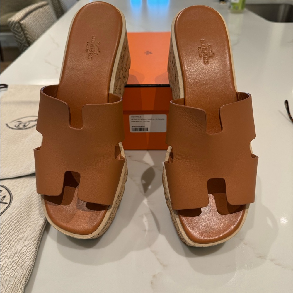 Hermes Wedge Calfskin Cork Eze 30 Sandal. Excellent condition. Worn 2X.
